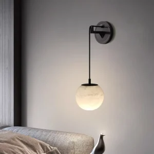 Copper Natural Marble Ball Wall Lamp Brass Bedside Light for Villa Hotel Luxury Bedroom Suspended Decorative Ambient Lamp