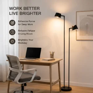 Cozy Reading Corner LED Floor Lamp with Dual Adjustable Heads Warm Light Dimmable Standing Lamp for Home Office
