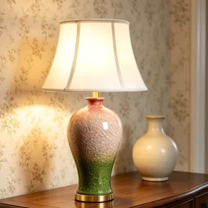 Crack Glaze Gradient Ceramic Table Lamp Fabric Lampshade Retro Desk Light for Bedroom Living Room Indoor Home Decor