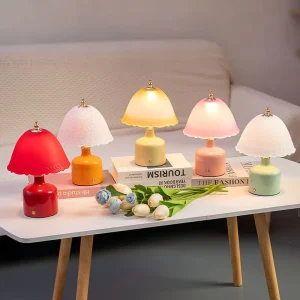 Cream Ceramic Small Table Lamp with Glass Shade Touch Control Eye Protecting LED USB Powered Mushroom Shaped Bedroom Night Light