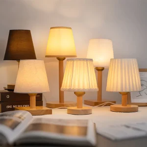 Cream Fabric Table Lamp with Natural Wood Stand LED Bedside Reading Light for Bedroom Hotel