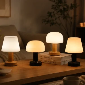 Cream LED Table Lamp with Stepless Dimming, Touch Control, Cordless Design, and Wood Grain Base