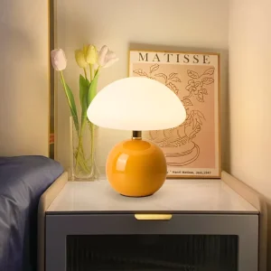 Cream Mushroom Small Ceramic Children’s Eye Nightlight Table Lamp USB Dimmable White Shade for Bedroom Bedside