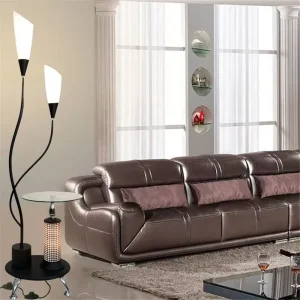 Creative 2 Light Torchiere Floor Lamp with Glass Side Tables Black Modern Standing Light for Living Room Home Office