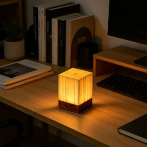 Creative Solid Wood Cube Lamp Touch Dimming LED Night Light Portable Rechargeable Table Lamp for Home Office Decor