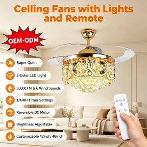 Crystal Ceiling Fan with Light Modern LED Chandelier Fan Remote Control Living Room