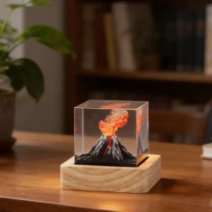 Crystal Cube Resin Touch Control Lamp with 3D Volcano Landscape Cute LED Night Light for Bedroom Decoration & Souvenir