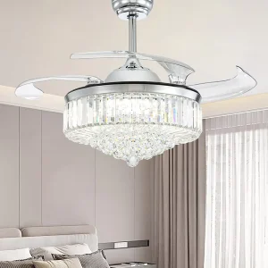 Crystal Smart LED Retractable Chandelier Fan Light with Remote Control for Hotel