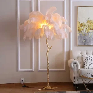 Custom Copper Decoration Tree Ostrich Feather Standing Light Hotel Corner Decor Modern LED Feather Floor Lamp