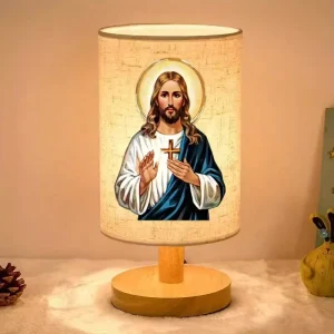 Custom Jesus Pattern LED Bedside Table Lamp with Fabric Shade USB Powered Indoor Night Light for Home Office Decoration Gift