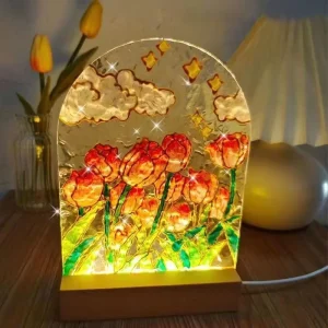 Custom LED Light up Home Decorations Kids Gifts Acrylic Board Desk Night Lights Table Lamps Tulip Flower DIY Glass Painting