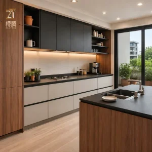 Custom Made Solid Wood Two-Tone Kitchen Cabinet Wood Grain Handleless Open Shelving LED Light Island