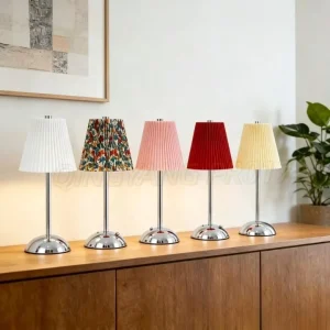 Customizable Modern Mirror Silver Body Fabric Shade Portable Rechargeable Touch Stepless Dimming Eye Caring LED Table Lamp