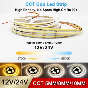 Customizable Waterproof IP65 IP67 IP68 12V 24V 2700-6500K CCT Dimmable CRI 90 5mm 8mm 10mm 608 LEDs/m COB LED Strip Light Tiras LED