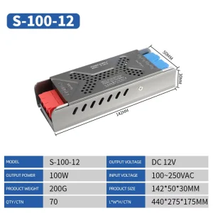 DC 12V/24V LED Strip Driver 100W Slim Switching Power Supply 50W 60W 150W 200W Options with 24VDC Output