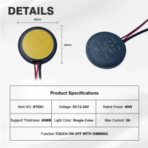 DC12V/24V Universal Hidden Smart Touch Sensor Switch, 5cm Sensing Distance, ABS, IP20, for Cabinet and Wardrobe LED Lights
