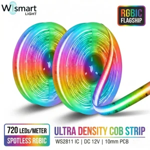 DC12V WS2811 Addressable RGBIC COB LED Strip Light 720 LEDs/m High-Density Dotless Dream Color WiFi Pixel Tape for Gaming Decor