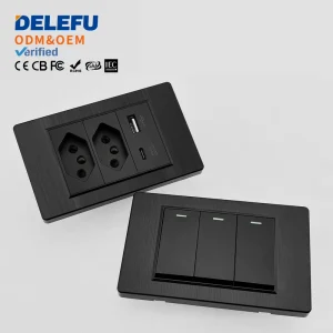 DELEFU Brazilian Standard Durable PC Wall Socket Panel with USB Charging Black Brushed Finish 2 Outlets Doorbell Switch