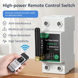 DIN Rail RF Remote Control Switch, 1000m Range, 63A 220V AC, ON/OFF Circuit Breaker Control