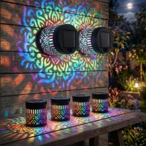 Decorative Solar Mandala Lights Outdoor Waterproof RGB Colorful Wall Light Auto Metal Garden Patio Wall Fence Mounting