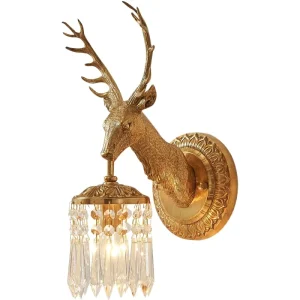 Deer Wall Sconce Light Brass Wall Lamp Bedroom Bedside Decoration Lighting Animal Shaped Copper Crystal Light