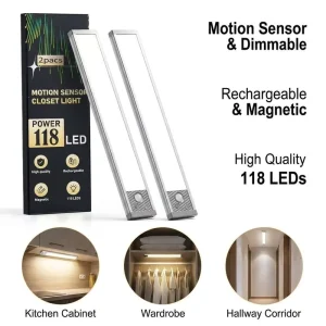 Dimmable 3-Color Motion Sensor USB Type-C Rechargeable Magnetic Under-Cabinet Light for Closet Kitchen Wardrobe and Stairs