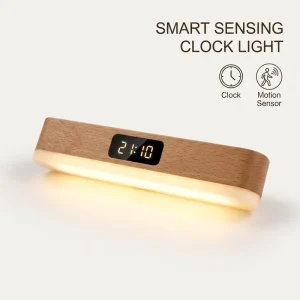 Dual Control Mini Wood Clock Sensor Light Human Body Induction Rechargeable LED Home Night Lamp Wardrobe Cabinet Corridor Sconce