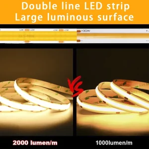 Dual-Row COB LED Strip, 600 LED/m 24V 12mm Wide, CRI Ra90 Flexible Light Tape