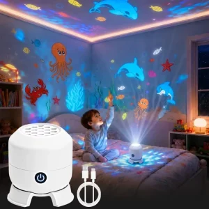 Dynamic Rotating Ocean Waves LED Projector Light USB Rechargeable Adjustable Brightness ABS Kids Night Lamp Bedroom Home Theater