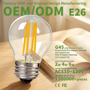 E26 AC 110V G45 Edison LED Filament Bulb Non-Dimmable Transparent Plastic Shade Ra80 CRI 3000K Warm Light CE/FCC Certified