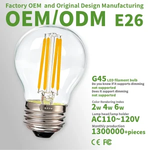 E26 AC 110V G45 Edison LED Filament Bulb Non-Dimmable Transparent Plastic Shade Ra80 CRI 3000K Warm Light CE/FCC/RoHS Certified