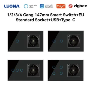 EU Smart Wall Touch Switch Socket with USB Type-C, 2.4G WiFi, Timer Function, Remote Control