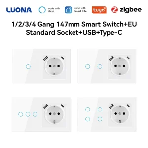 EU Standard Smart Wall Touch Switch with Type-C USB Socket, 1/2/3/4 Gang, Remote Control