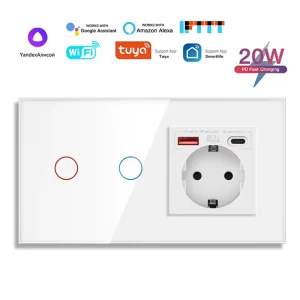 EU Standard WiFi Smart Switch and Socket with PD 20W USB Type-C Tempered Glass Switch Panel