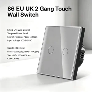 EU UK Touch Wall Light Switch Single Live Wire Control Tempered Glass Panel 2 Gang AC110 240V No Neutral Required