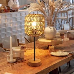 Eco-friendly Handmade Woven Paper Rope Drum Shade Hollow Electric LED Table Lamp Modern Touch Control Iron Base Home Hotel