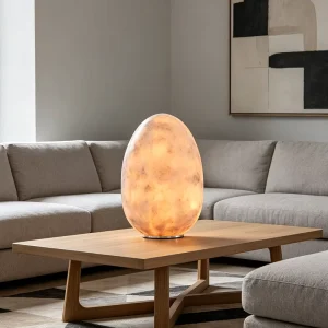 Egg Shape Natural Alabaster Table Lamp with Aluminum Base Warm LED Decorative Desk Light for Living Room Bedroom