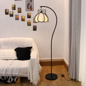 Elegant Classic Floor Lamp with Floral Shade and Curved Black Pole