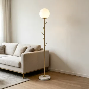 Elegant Modern Brass Floor Lamp Marble Base Glass Globe Tree Branch High Brightness Standing Light for Living Room Bedroom