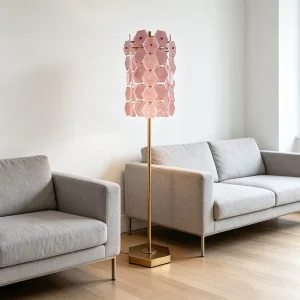 Elegant Modern Brass Pink Crystal Floor Lamp Round Spliced Shade Standing Light for Bedroom and Living Room Decor