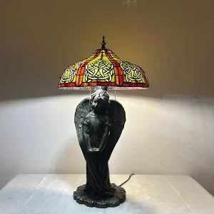 European Simple Antique Stained Glass Table Lamp for Style Desk Light with 16 Inch Wide Lamphade Angel Base LED