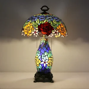 European Tiffany Style Stained Glass Rose Flower Table Light AC E26 for Living Room Home Decor