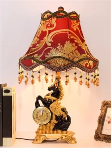 European Vintage Luxury Horse Table Lamp with Red Floral Fabric Shade Clock Sculpted Base Crystal Tassels for Home Bedroom