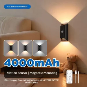Exquisite Black Bi Directional Motion Sensor Wall Light 4000mAh USB Rechargeable Magnetic Mount Remote Control 3 Color for Home