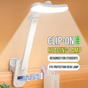 Eye Protection Type C Rechargeable LED Desk Lamp with Clock Clip-on Foldable Reading Light Dimmable Study Table Lamp
