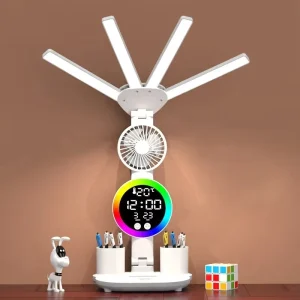 Eye care Table Lamp Digital Clock LED Light USB 3 Color Desk Lamp Touch Control Foldable with Fan Reading Night Light
