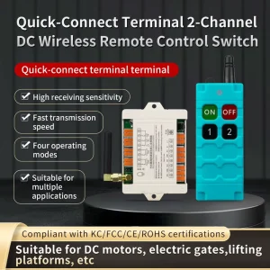 FSK Learning Code Automatic Waterproof Plastic 2-Channel DC Remote Control Switch 100m Range 420-450MHz Anti-Shock for Crane