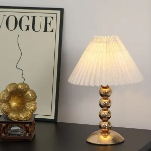 Fabric Pleated Umbrella Lamp Modern Metal Bedroom Bedside Ambient Light Pleated Night Light with Adjustable Brightness