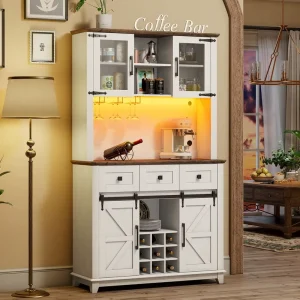 Farmhouse Coffee Bar Cabinet LED Light 9 Wine Rack Glass Holder Barn Door Kitchen Buffet Sideboard Artificial Composite Board