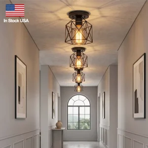 Fast Shipping Farmhouse Iron 1 Light Flush Mount Ceiling Lamp Black Geometric Cage Light Fixture for Hallway Bedroom Kitchen